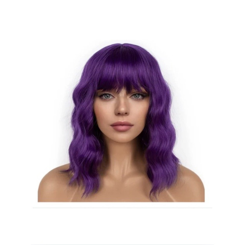 LANCAINI Dark‎ Purple Short Bob Wig with Bangs Wavy Curly Synthetic Cosplay Wig